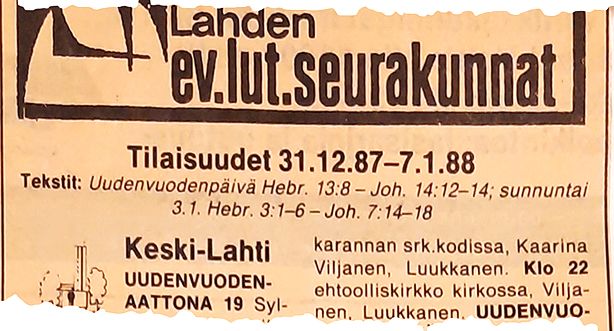 Lehtileike Etelä-Suomen Sanomista 31.12.1987. Kuva: Sirkku Muhli