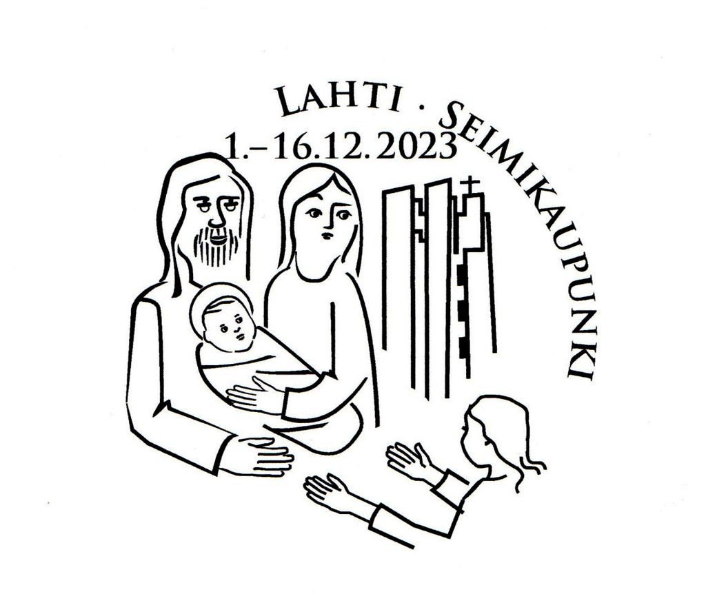 Lahtelaisen seimileiman aiheena on Jeesus-lapsi vanhempineen ja Ristinkirkon torni. Vuoden 2023 lisätunnuksena apua anova tyttö. Kuva-aihe on Pekka Särkiön, piirros Tapani Talarin. Lähde: Lahden Postimerkkikerho